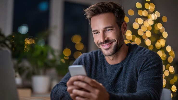 A Smiling Man Enjoys a Moment of Joy While Using His Smartphone in a Cozy, Decorated Space Filled with Warm Holiday Lights and Plants