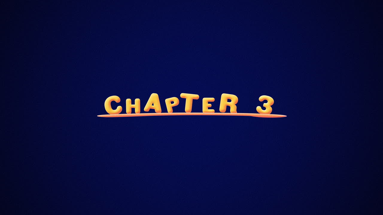 Chapter 3 Wobbly gold yellow text Animation pop up effect on a dark blue background with texture