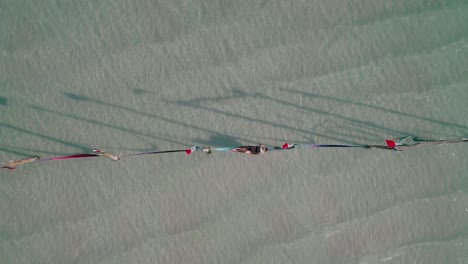 얕은 물, holbox 해변, 위에서 아래로 해먹에 누워있는 여자