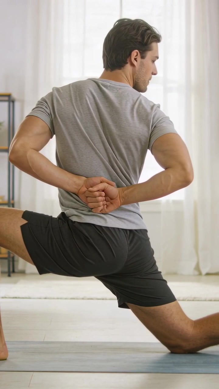 Vertical video: Starting man lunging and twisting torso at home on yoga mat, gray shirt for stretch