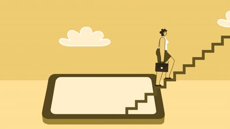 yellow style woman with briefcase flat character climbing stairs from smartphone. isolated loop animation with alpha channel