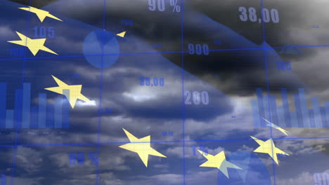 animación de la bandera de la ue sobre el procesamiento de datos y las nubes