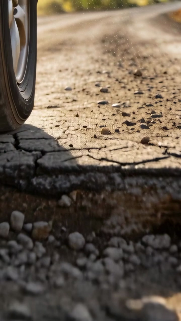Vertical video: Left wheel hitting gravel, flinging stones and dust over rut, testing auto grip