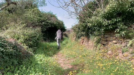 Frau-Genießt-Die-Alleinige-Zeit-Beim-Wandern-In-Grasbewachsenem-Gelände,-Rückansicht