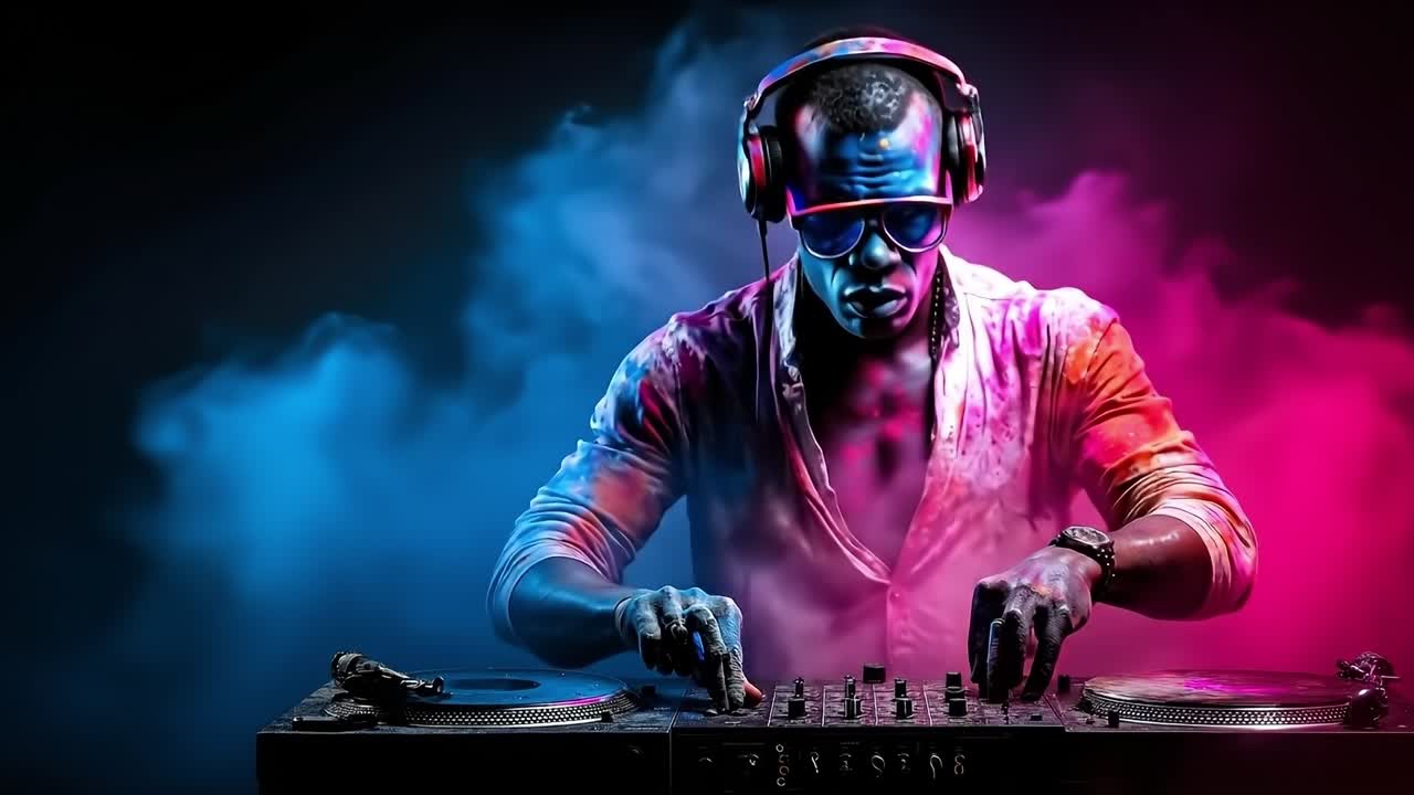 A man in a white shirt and sunglasses playing a dj set