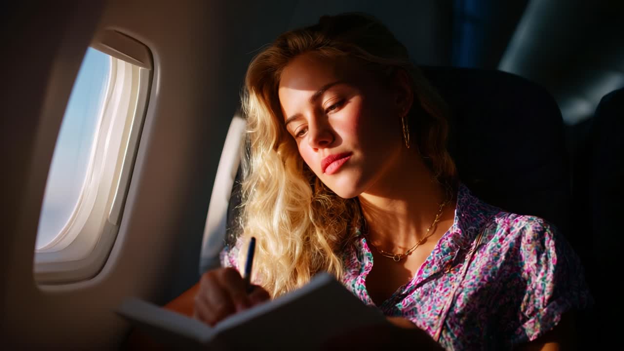 A serene young woman with blonde curls sits by an airplane window, deeply engaged in writing in her journal while illuminated by soft sunlight, capturing a peaceful moment of reflection during her journey