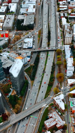 washington state location downtown drone flying. american city seattle aerial view. vertical video
