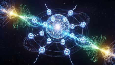 an intricate representation of quantum energy dynamics illustrating the interplay between electrons and photons in a vibrant and energetic configuration