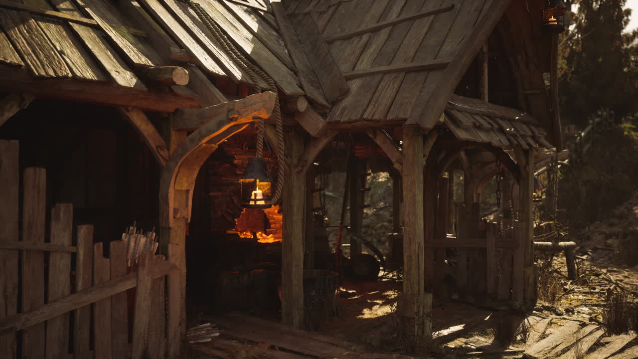 Rustic wooden building in a forest setting during golden hour near a forge