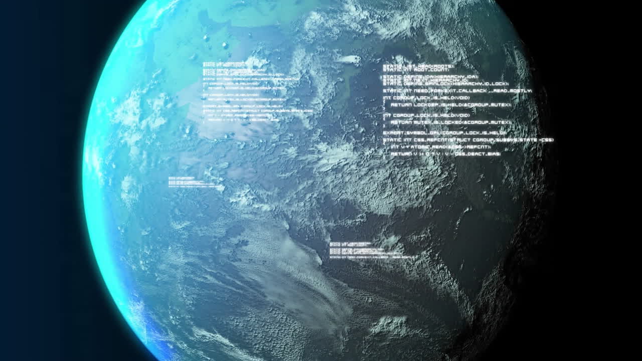 Digital data and code animation over rotating Earth from space