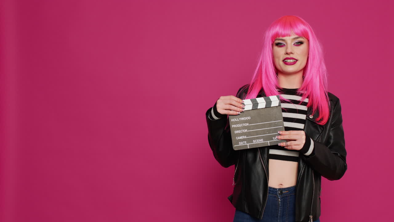 Beautiful cool girl showing filming slate on studio camera