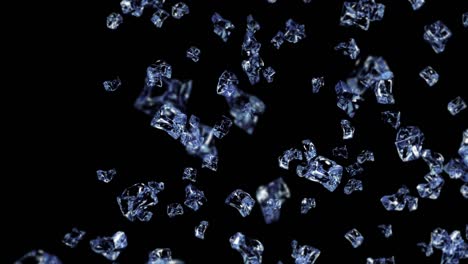 flying many clean ice cubes on black background. pieces of crushed ice, natural water. 3d animation of crushed ice rotating. loop animation.