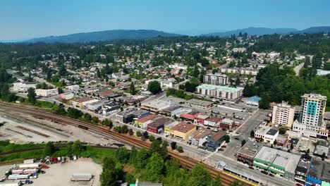 aerial view of mission city and train station in the british columbia, canada