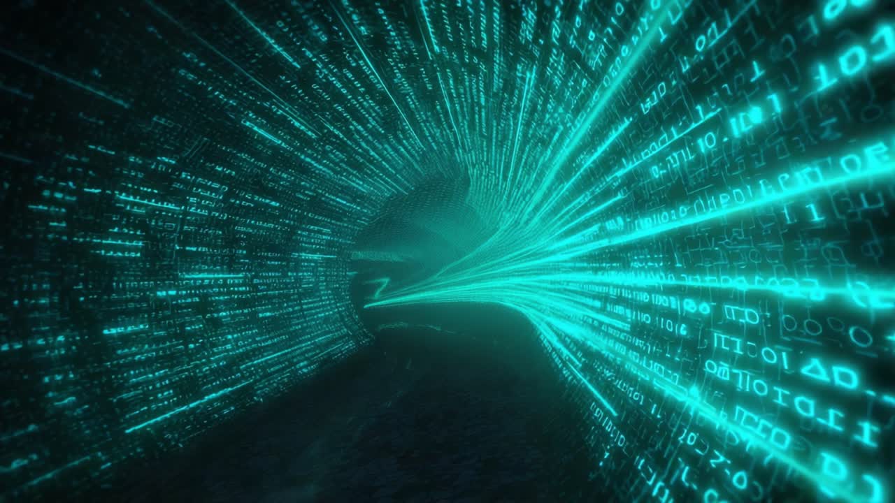 Glowing turquoise binary code and data streaming through a futuristic digital information superhighway tunnel, representing concepts of high speed internet, big data, and modern technology