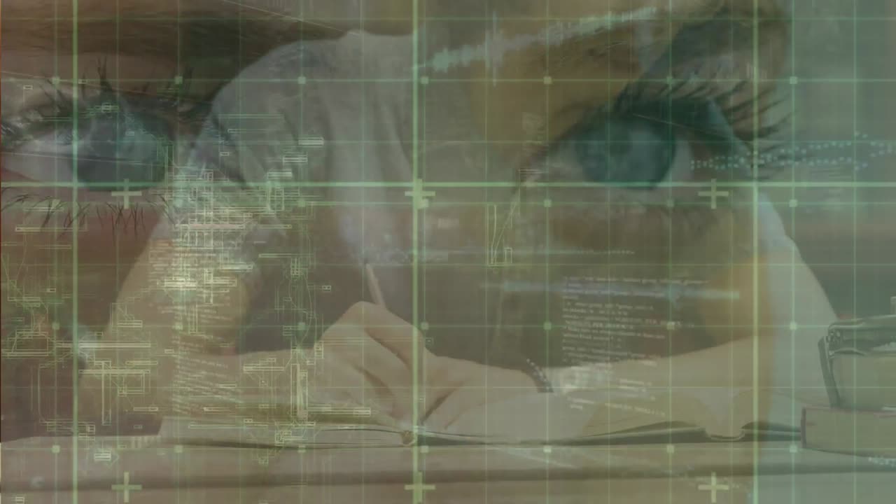 анимация глаз над писательством кавказского студента.