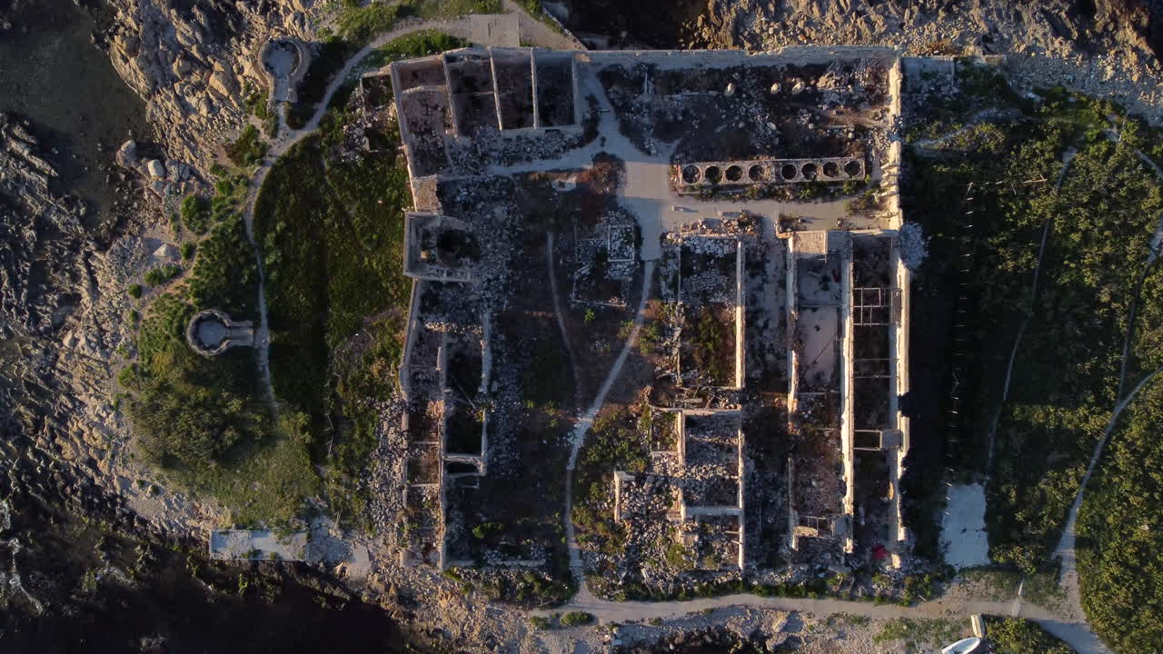 Overhead View Of Abandoned Building Of Tonnara San Giuliano (San Giuliano Tuna Fish Farm) In Trapani, Italy. - aerial shot