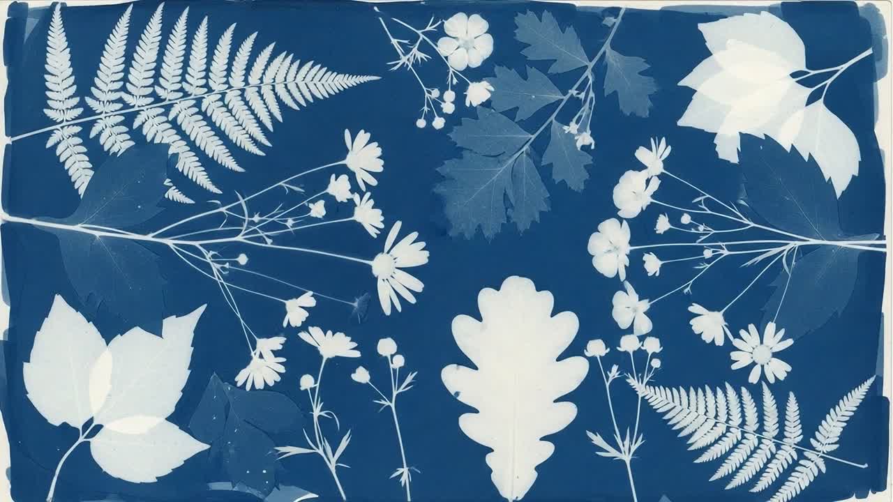 Artistic Exploration of Botanical Silhouettes: A Cyanotype Journey Featuring Various Plants and Leaves Against a Deep Blue Background