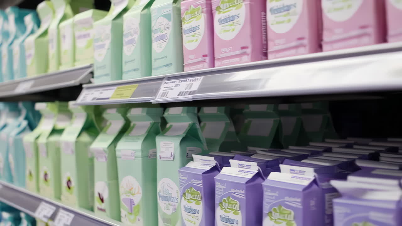 Rows of colorful cartons on a supermarket shelf