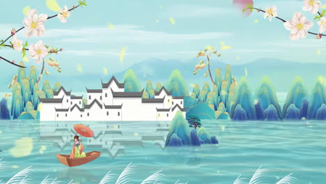 spring landscape, mysterious landscape china's traditional oriental digital art animation, chinese retro painting ink misty mountain with flowers, tree, birds, river in fog background scenery artwork