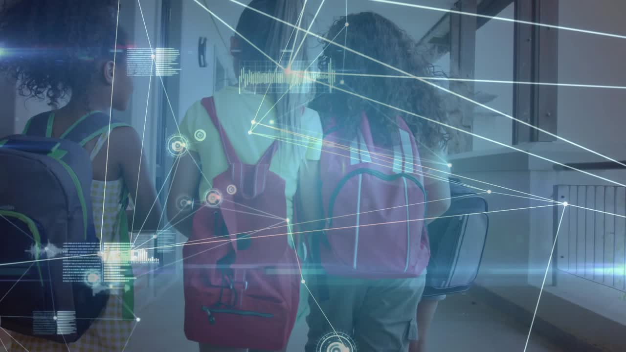 School girls walking in corridor and noticing data overlay before reaching door to enter classroom