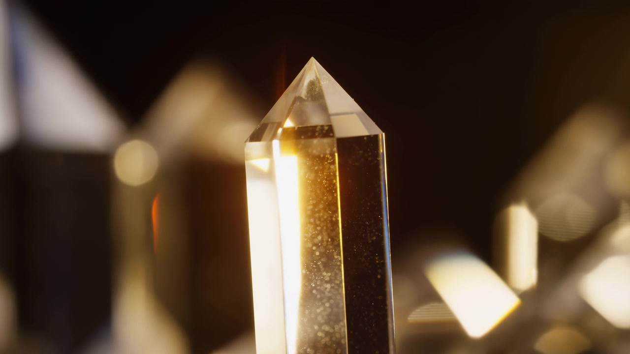 Vista ravvicinata centrata a destra di un obelisco di cristallo trasparente con lati sfaccettati e punta affilata, che mostra un bagliore interno dorato che si muove lungo l'asta del prisma, mentre una luce laterale calda crea riflessi morbidi e profondità.