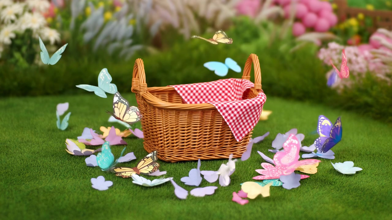 Wicker Picnic Basket On Grass Surrounded By Pastel Paper Butterflies And Petals, Red Gingham Cloth Draped
