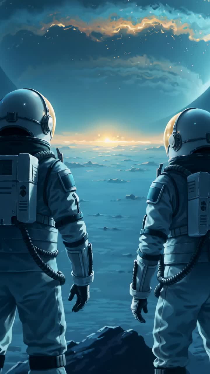 Vertical video: Cam rising showing giant as two suited crew observing dawn on icy plain with packs