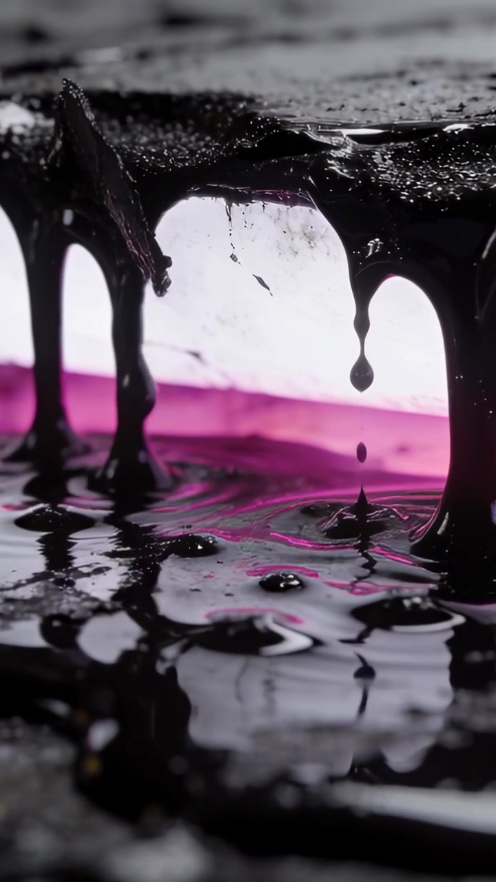 Dikey video: Yerçekimiyle bir çıkıntıdan sarkan katranın incelerek havuza damlaması, pembe ışık.