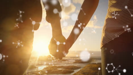 holding hands at sunset, couple with molecular structure animation over ocean background