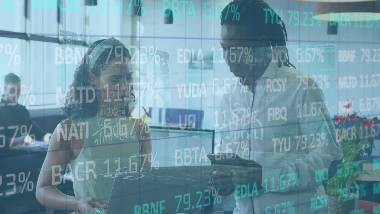 Animation of data processing over diverse business people in office