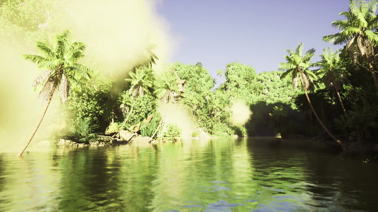 La luce solare scintillante si riflette su un fiume tortuoso tra la fitta vegetazione della foresta
