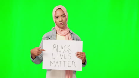 woman, poster and green screen with black lives