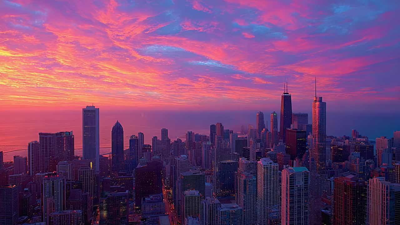 Pôr do sol de tirar o fôlego sobre o horizonte da cidade: uma exibição vibrante de cores iluminando os edifícios contra o céu crepuscular, capturando a energia da vida urbana