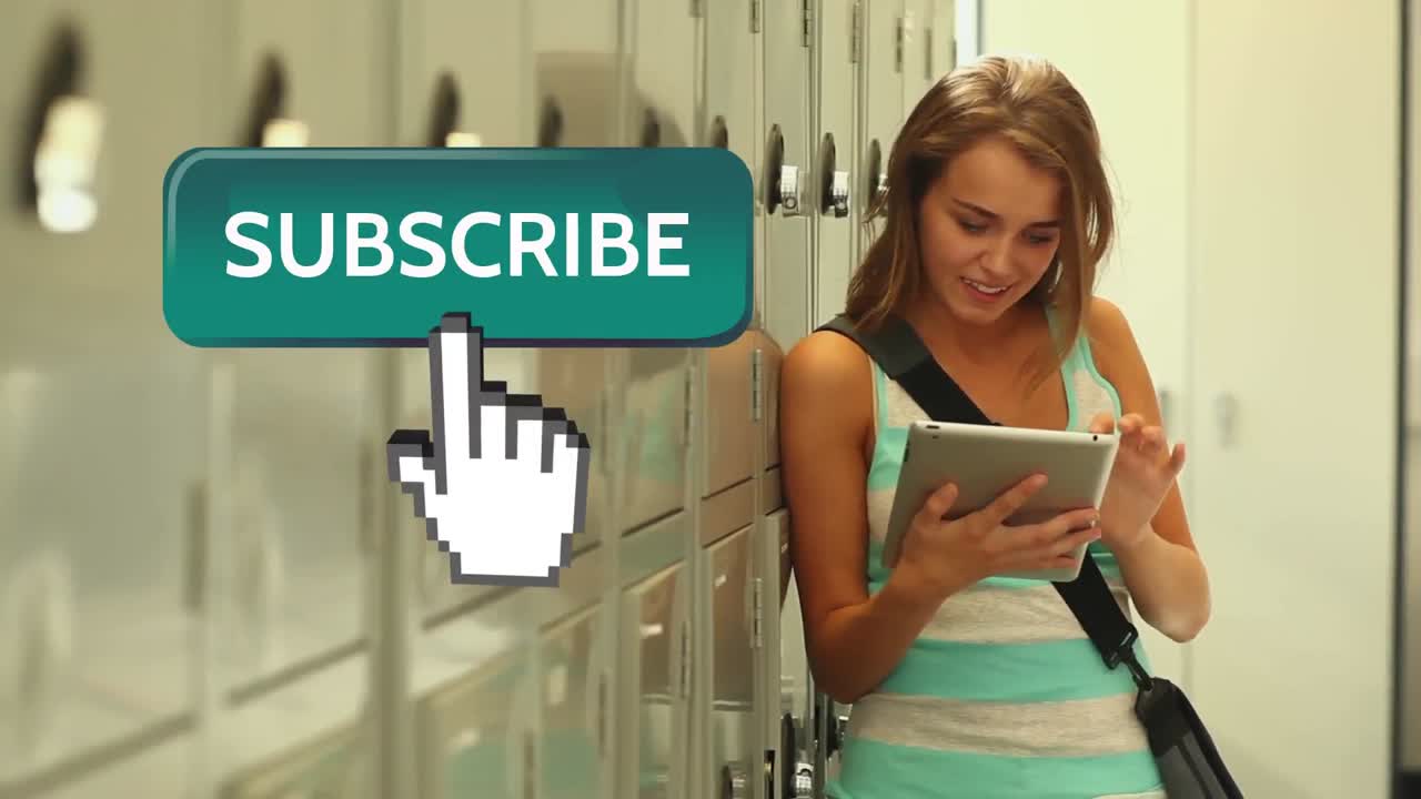 botón de suscripción con la mano apuntando en las redes sociales