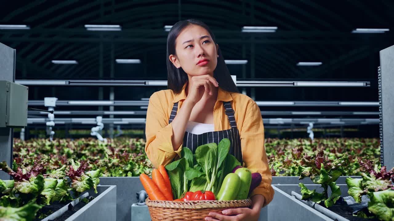 아시아 여성 농부 는 스마트  에 서 있는 동안 어떤 것 에 대해 생각 하고 채소 바구니 를 들고 있다