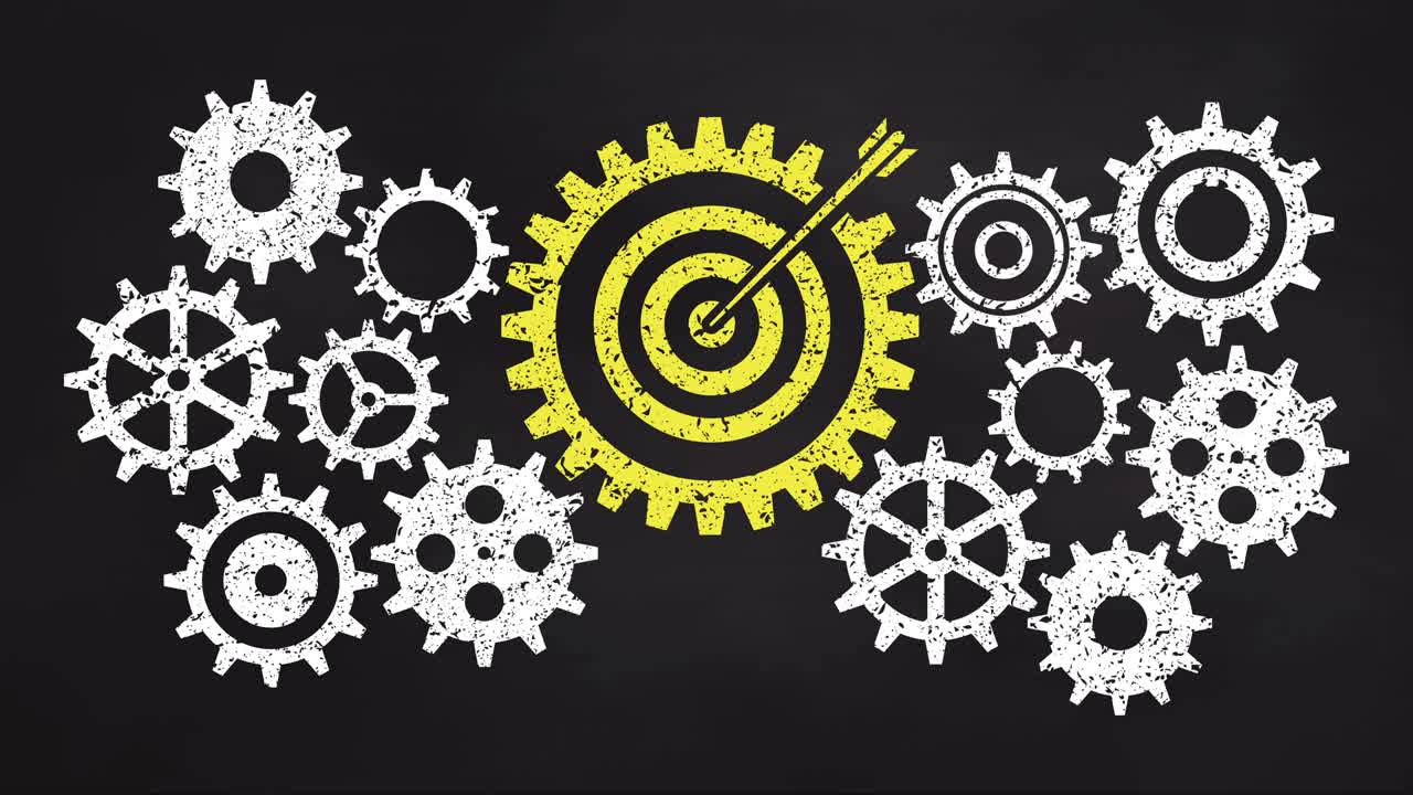 Business gear mechanism concept on blackboard. Yellow target icon