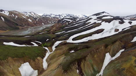 drone aerial footage of landmannalaugar landscape in iceland highlands.