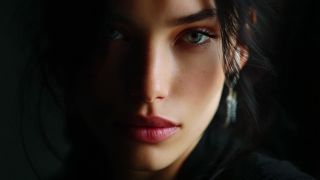An intimate and striking close-up of a woman's face, showcasing her mesmerizing green eyes and captivating features, accentuated by soft lighting and shadows for dramatic effect
