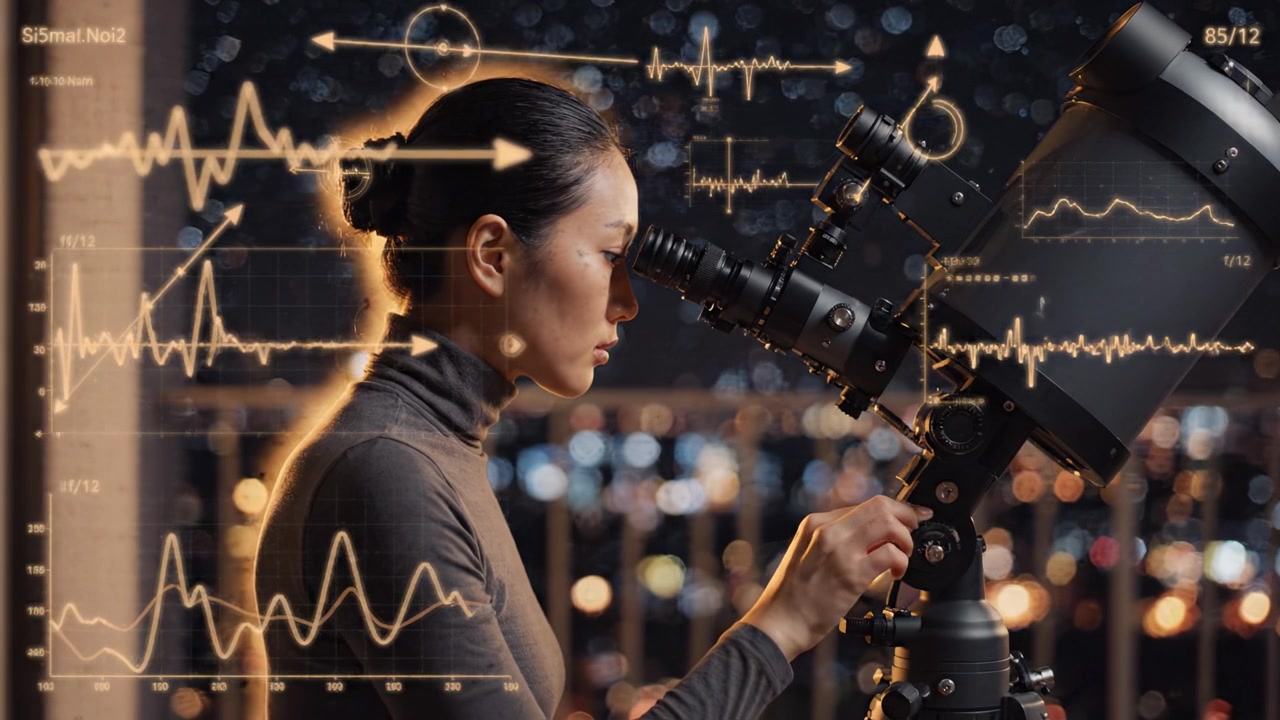 Exploring the Mysteries of the Universe: A Woman Engaging with a Telescope Under a Starry Sky, Capturing Data and Insights from Celestial Observations
