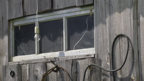 grungy wooden wall with cables and hanging light bulb