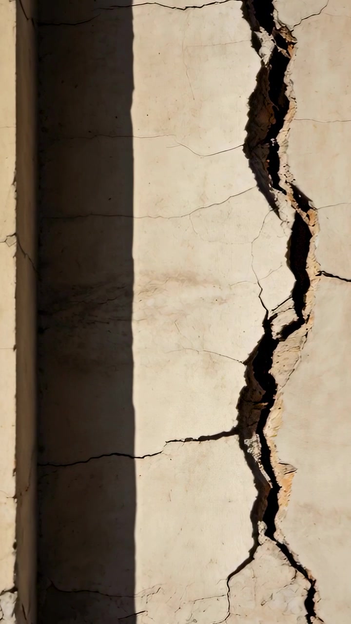 Video verticale: Telecamera che scorre lungo una parete esterna beige, mostrando crepe frastagliate e vuoti per l'ispezione.