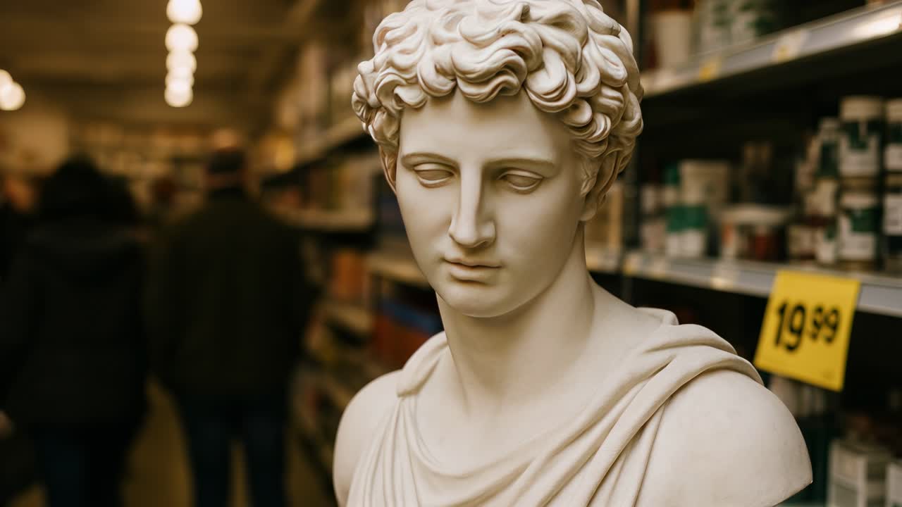A marble statue bust in a store aisle, captured at eye level. The video concept blends classical art