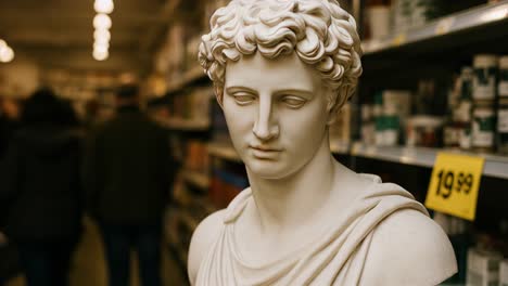 a marble statue bust in a store aisle, captured at eye level. the video concept blends classical art