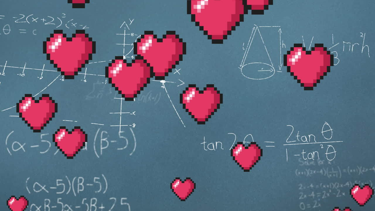 칠판 에 있는 수학적 방정식 을 넘어 떨어지는 심장 의 애니메이션