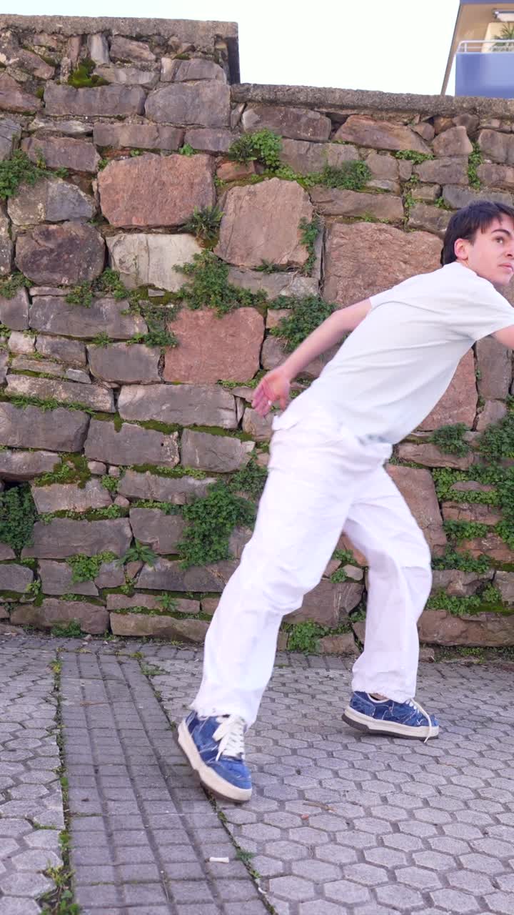 Images of a person in front of a stone wall