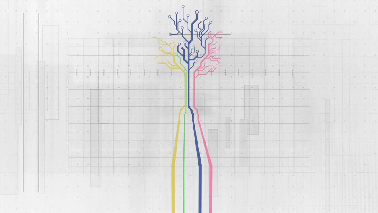 Vier Linien steigen aus der Mitte auf, verzweigen sich und bilden einen Schaltkreisbaum mit Knoten über einem Raster für Technik