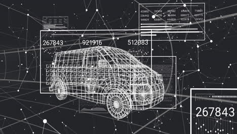 animazione di numeri mutevoli e quadrati di carico su un modello 3d di auto contro punti collegati
