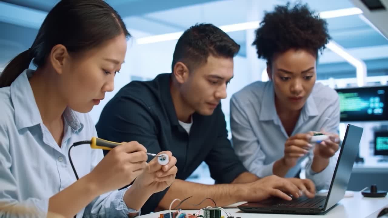 Three professionals are engaged in a collaborative tech project in a sleek laboratory. They focus on a laptop and tools while discussing and analyzing their work in the early afternoon.
