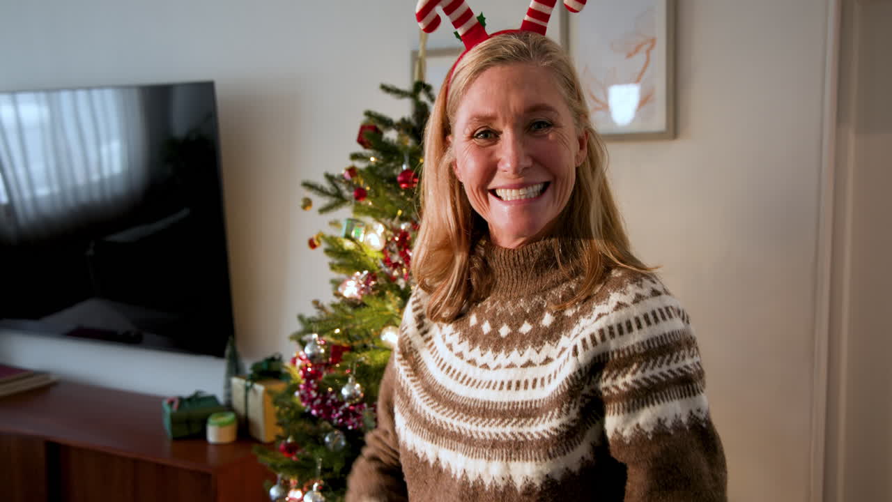 Smiling woman wearing festive antlers decorating Christmas tree at home