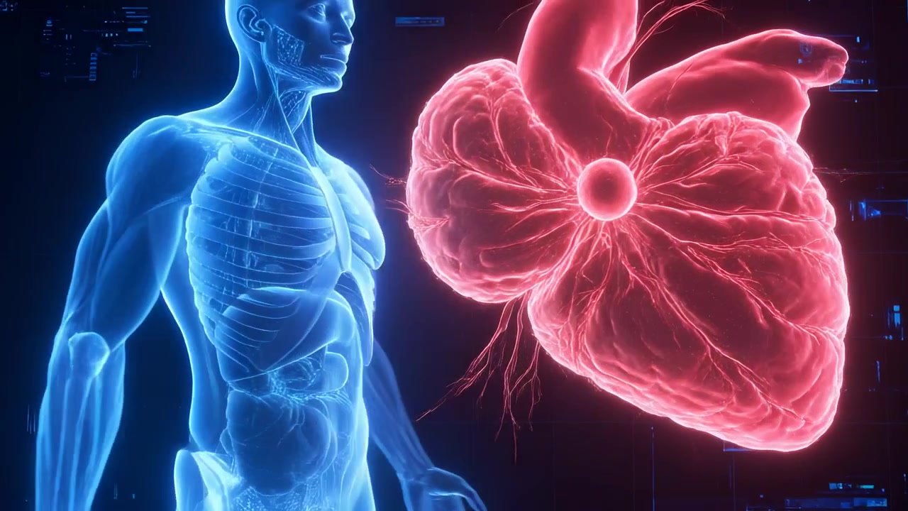 医療の詳細を示すため、実験室のディスプレイで、光る赤い心臓が青い胴体に入り込み、より接近して動くアニメーション。